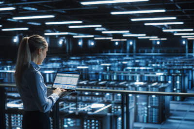 Data Center Female IT Specialist Uses Laptop Computer.